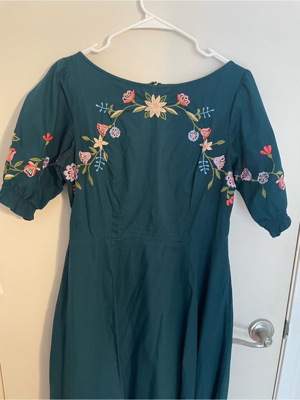 eshakti Teal Green Embroidered Midi Dress with Puff Sleeves - Picture 3 of 8